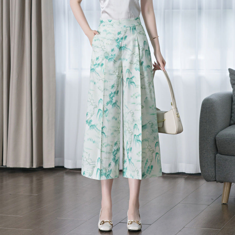 flowersverse Printed Wide-Leg Pants for Women Summer New Fashionable Stylish High Waist Stitching Linen-Containing Middle-Aged Mom Straight-Leg Pants Fashion