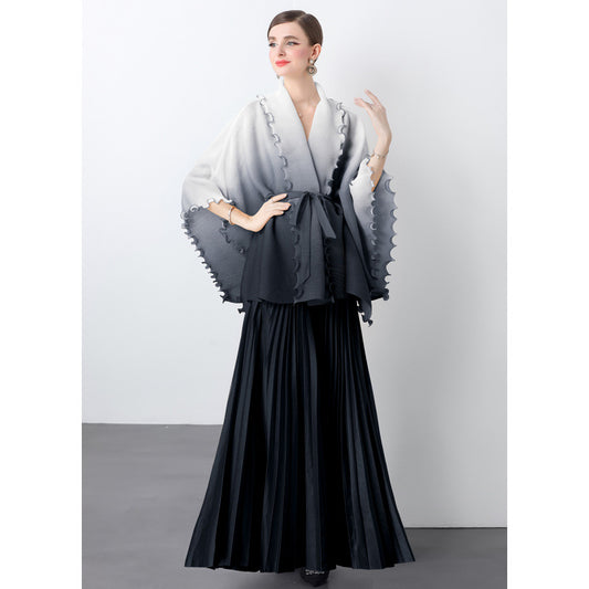 Fashion suit women's clothing strap waist gradual change color pleated cardigan top high waist pleated skirt two sets