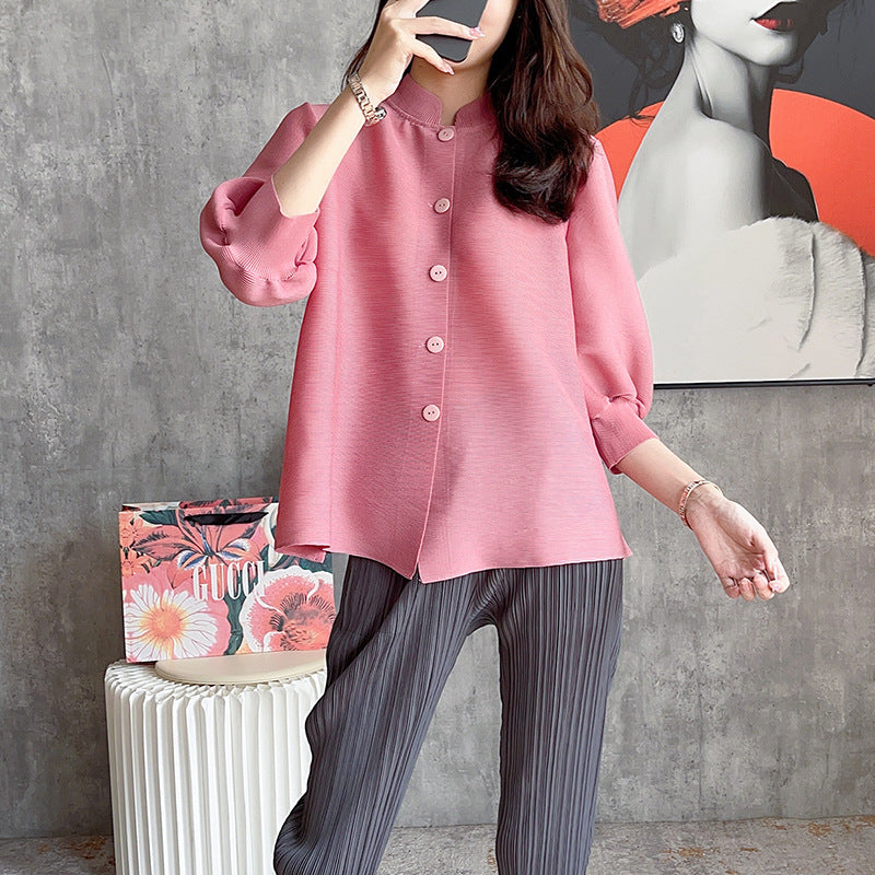 Xiaoxiangfeng breasted stand-up collar short jacket spring and summer new Mizhai women's cardigan slim-fitting and thin pleated top