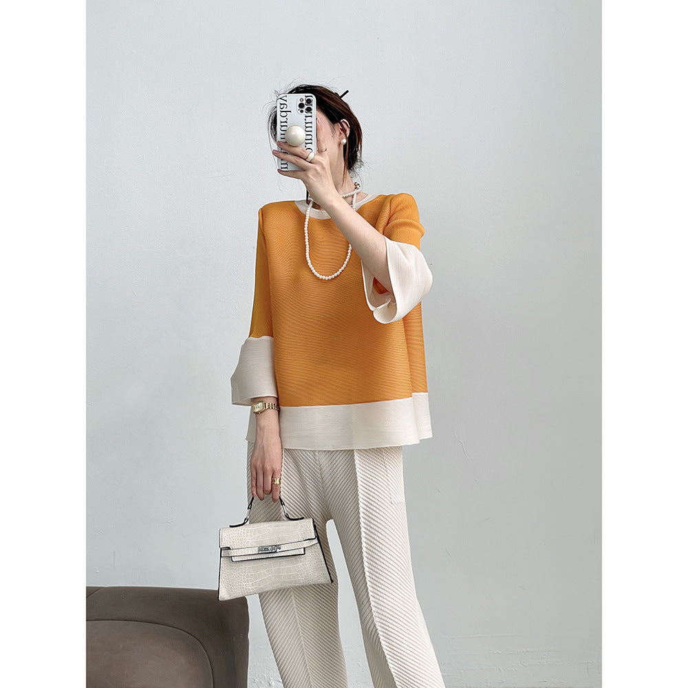 Miyake summer new round neck color matching lantern sleeves loose pleated top femininity thin versatile T-shirt