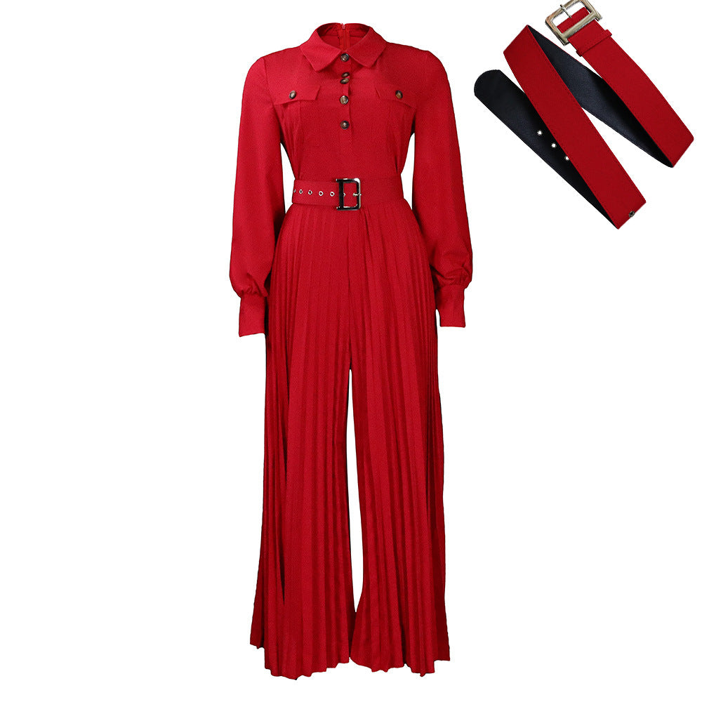 flowersverse C8504 Belt HOTan and NEWn Women's Clothing Spring and Summer New Long Sleeve Casual Loose Pleated Wide Leg Foreign Trade Jumpsuit