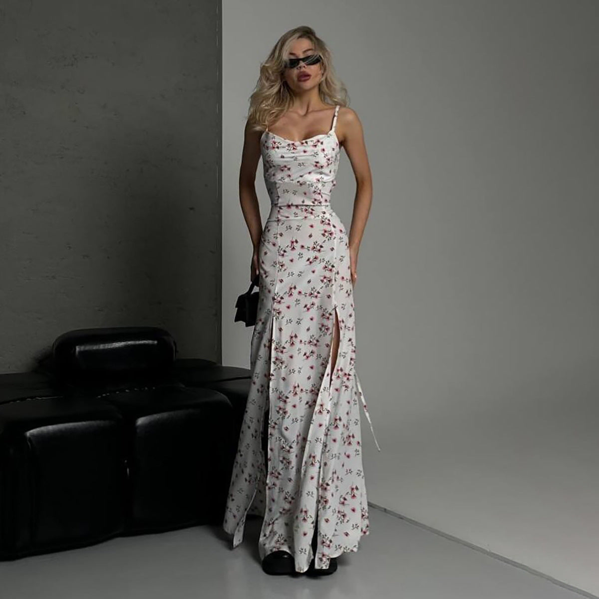 temperament niche new high split tie halter suspender floral dress female hip wrap sexy New