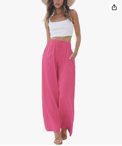 FLOWERSVERSE EBay European and American plus Size Women's Pants Linen Loose Casual Pocket Drawstring Wide Leg Pants Women