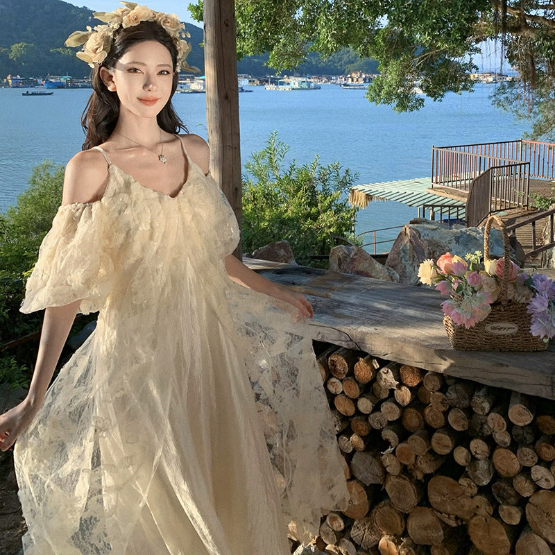 2025 High-end heavy industry butterfly embroidery off-the-shoulder suspender dress for women's summer super fairy Sanya seaside photo long skirt