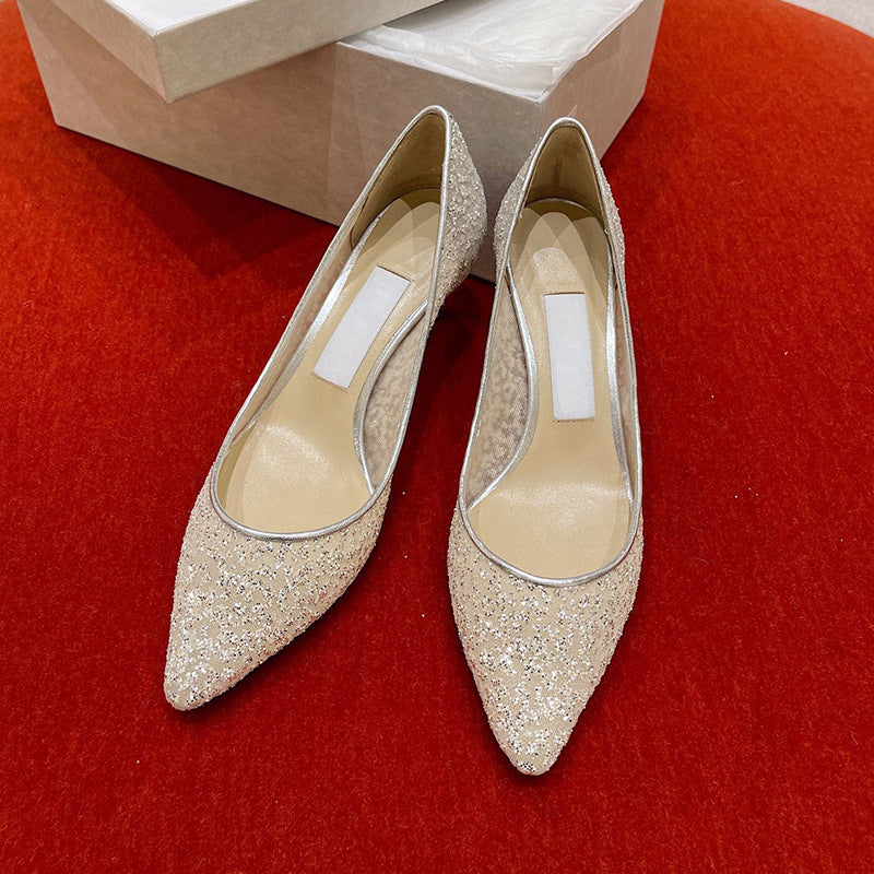 flowersverse JC Sequin Gauze Fashionable Wedding Shoes Women's Temperament Wild High Heels Niche Sexy Pointed Toe Rhinestone Stiletto Heel Pumps