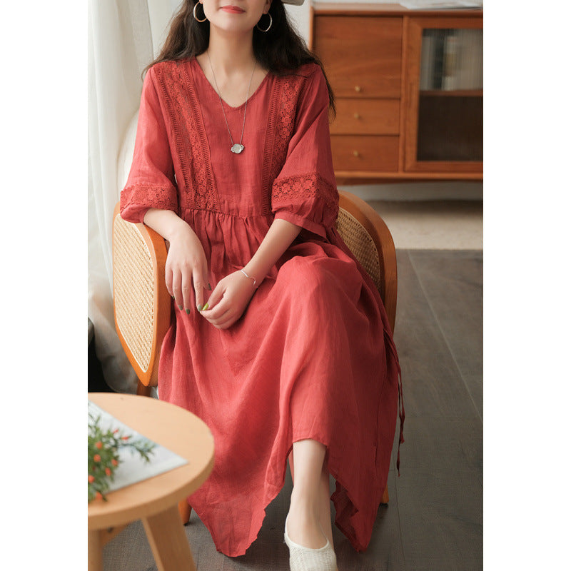 Comfortable and stylish simple seven-quarter-sleeved literary lace-up dress summer temperament V-neck small fresh dress