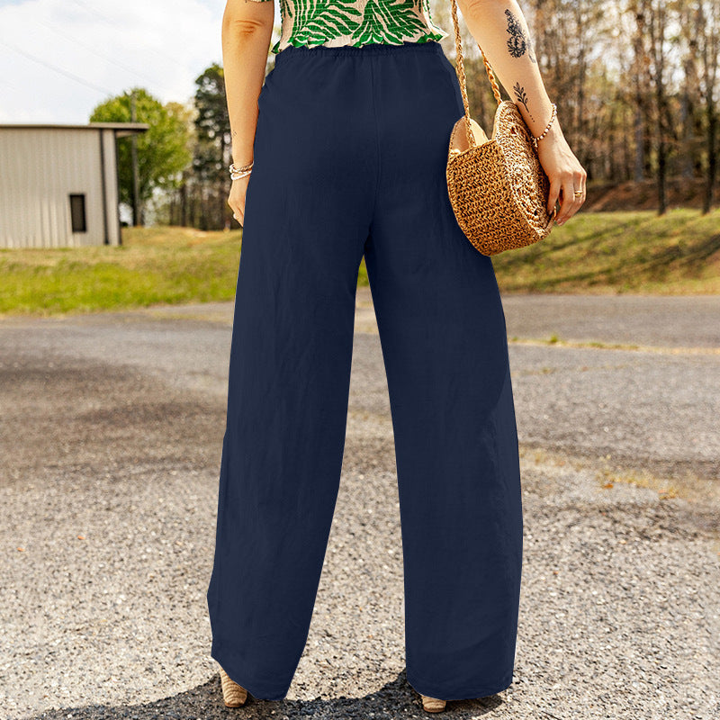 flowersverse Spring and Summer New HOT and NEW Cross Border Wish Casual Women's Clothing Pocket Wide Leg Cotton Linen Loose Trousers for Women