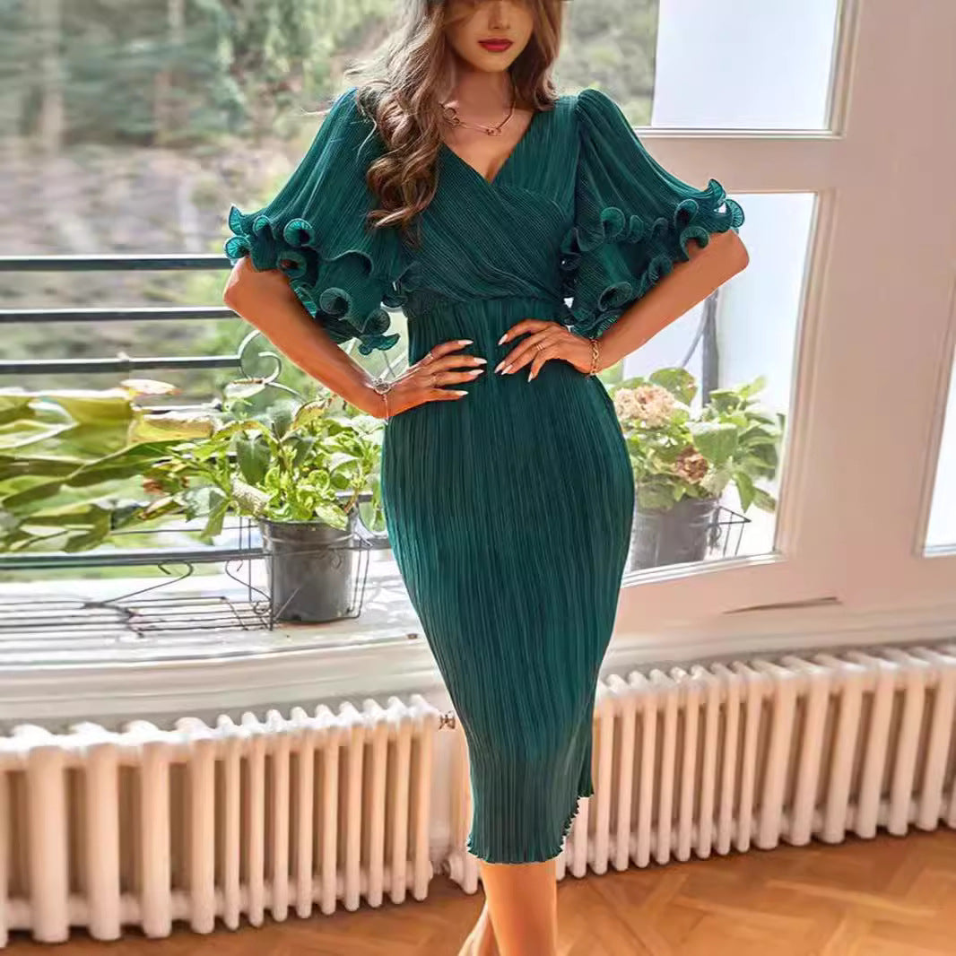 FLOWERSVERSE New modern personalized green 2025 women's clothing temperament criss-crossing design horn double-layer sleeve medium and long skirt