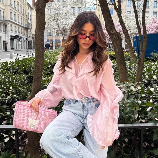 high-end design sense solid color temperament chiffon ruffle edge zipper top versatile comfortable loose long-sleeved shirt