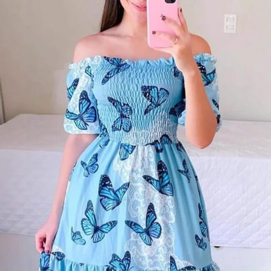 FLOWERSVERSE 20252025 new high-waisted temperament commuter chest-wrapped printing loose blue butterfly printing big pendulum dress