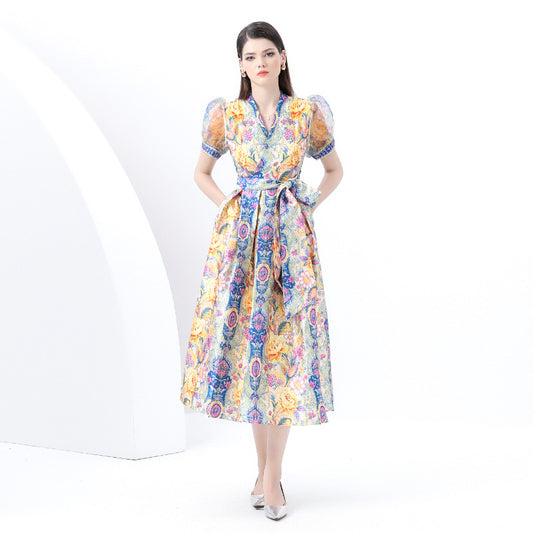 retro court style printing dress women's cross V-neck strap mesh bubble sleeve waist long dress