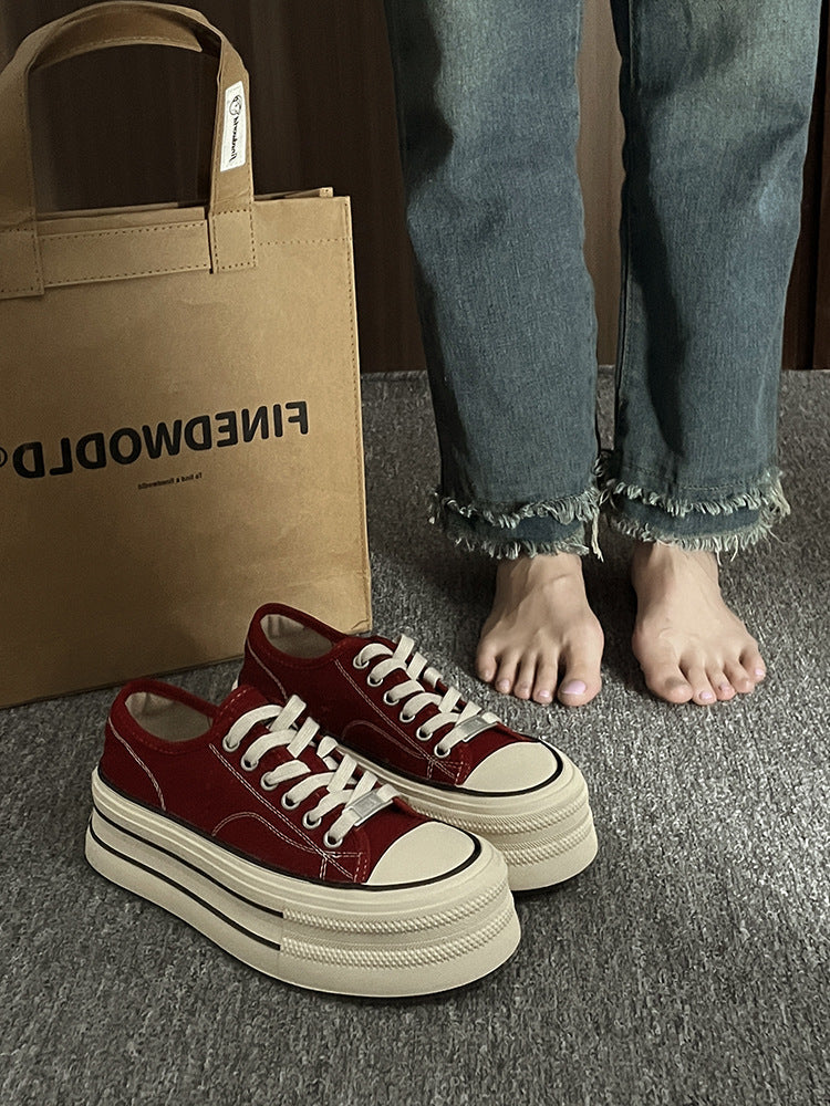 flowersverseWomen's Thick-Soled Canvas Shoes Spring New Versatile Breathable Casual Shoes NEWn Retro Low-Top White Shoes