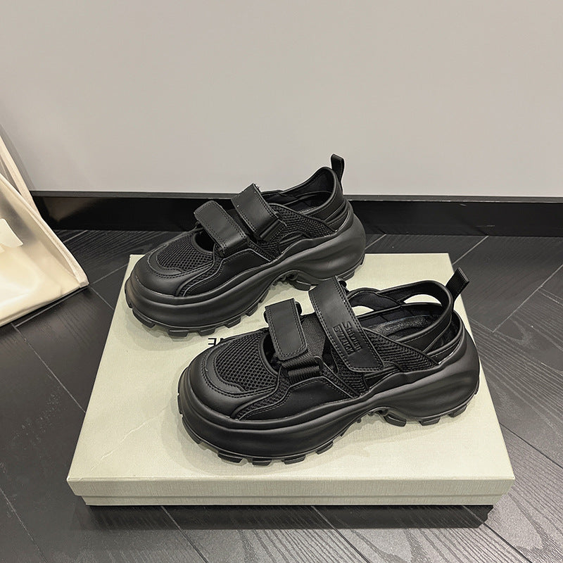 2025 Velcro leather thick-soled dad shoes women's breathable mesh hollow mesh shoes sandals student leisure sports little white shoes