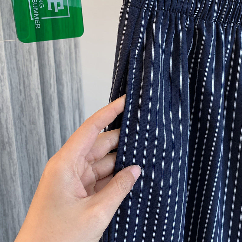 summer new high-end drape elastic waist temperament striped thin straight versatile casual pants children