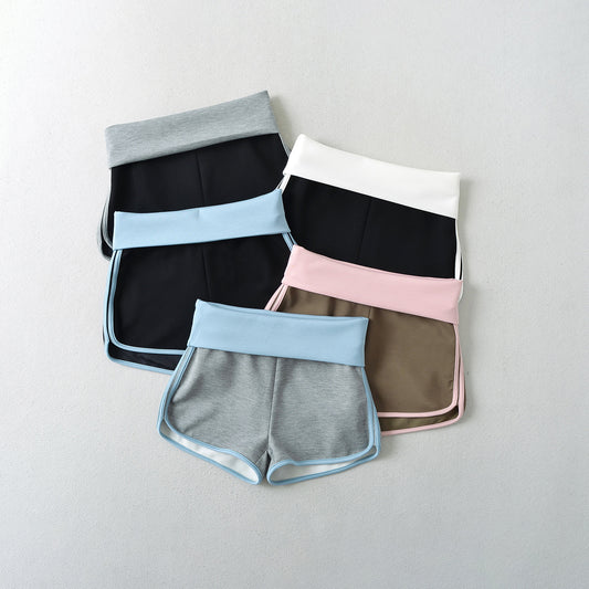 flowersverse Summer New NEWn Contrast Color Waist Head Flanging Shorts Women's Low Waist Slimming Sports Casual Hot Pants for Hot Girls