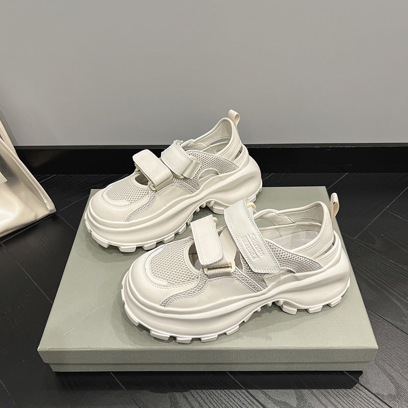 2025 Velcro leather thick-soled dad shoes women's breathable mesh hollow mesh shoes sandals student leisure sports little white shoes