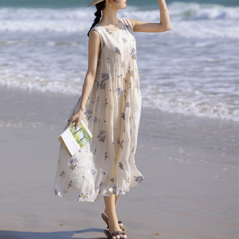 summer new full-length heavy industry embroidery waist thin white fairy robe dress vest skirt length