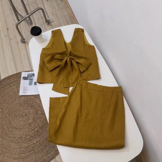 2025 Turmeric linen design back V-neck bow strap-on sleeveless vest top skirt set summer