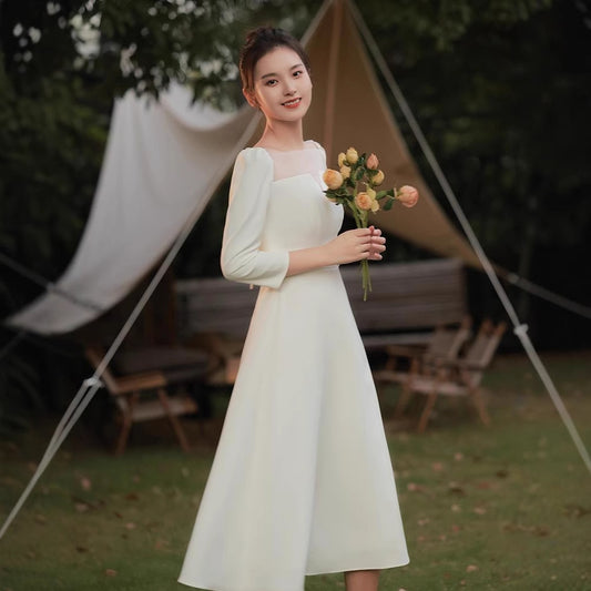 2025 Get the certificate and register, you can usually wear a simple long-sleeved small white dress, engagement dress, light wedding dress, satin dress.