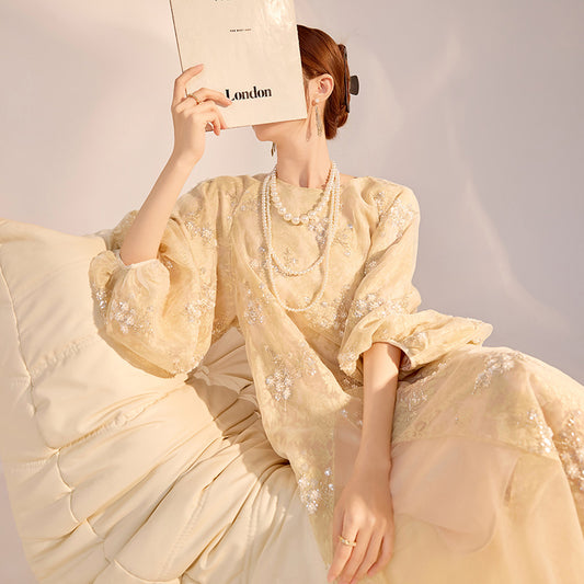 New Chinese high-end flower bead embroidered dress Guofeng light luxury design temperament long dress N2034