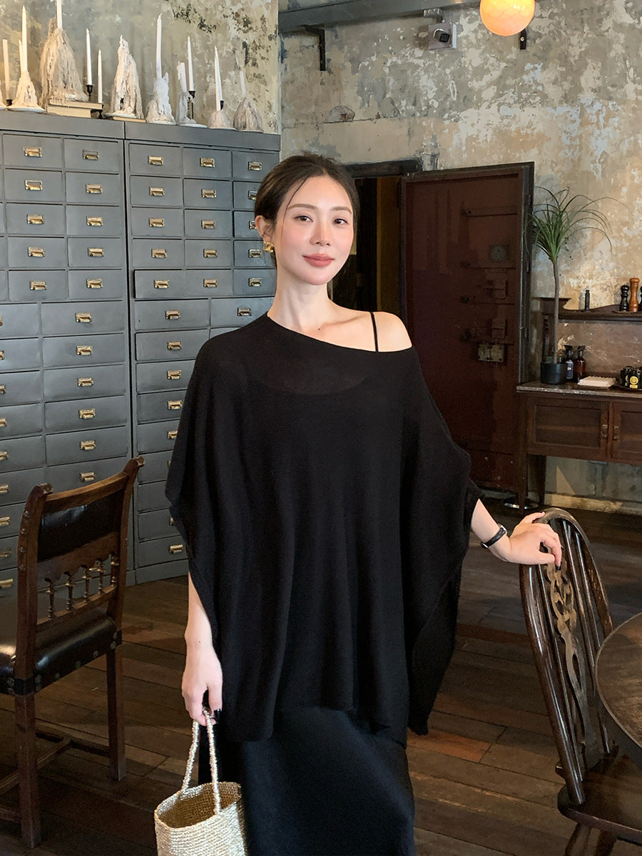 2025 spring loose meat cover long sleeve diagonal neck knitted sweater women's top oversize sunscreen blouse 25227