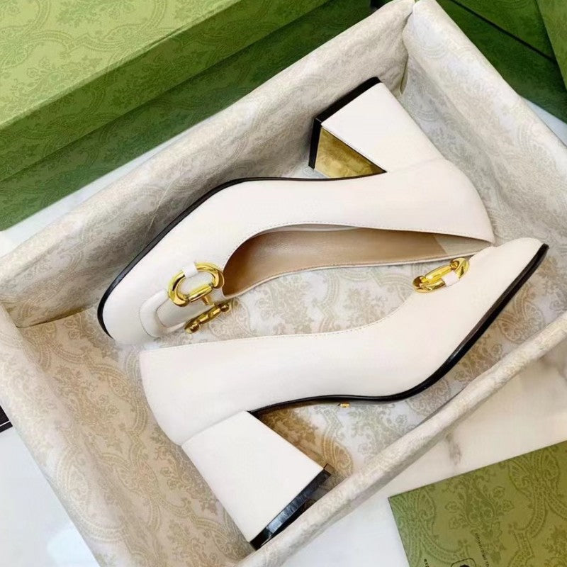 flowersverse Pure Original G High Heels Horsebit Buckle Genuine Leather Retro Slip-on Square Toe Chunky Heel Closed Toe Strap Slingback Sandals Women