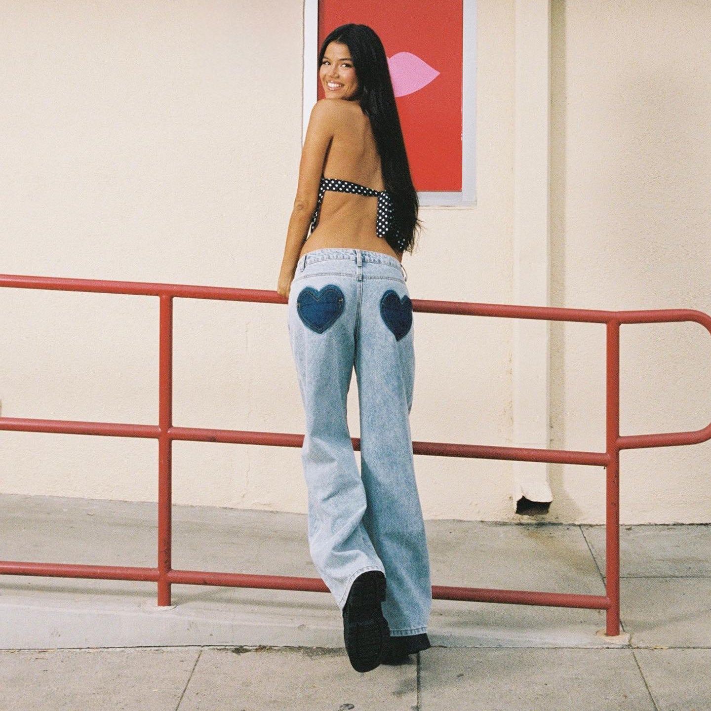 Cross-border summer women's straight denim washed heart-shaped embroidered jeans loose high street casual street trousers