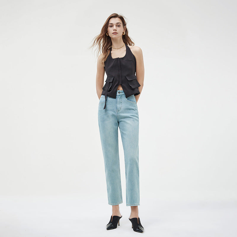 2025 popular spring new high-waisted thin pipe pants four-sided elastic straight jeans high-end elastic denim nine-point pants
