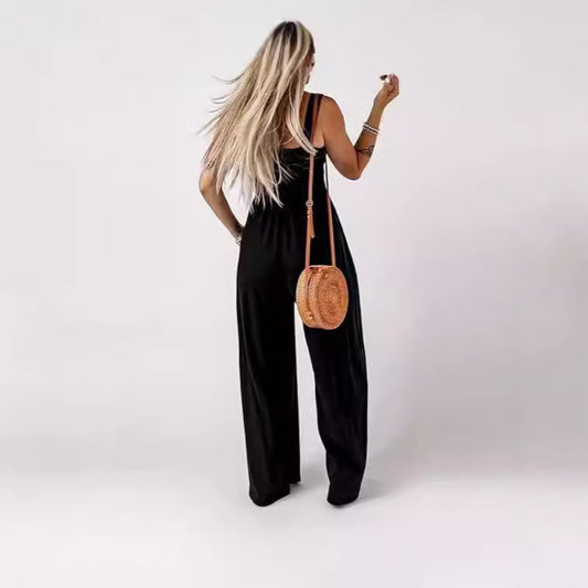 FLOWERSVERSE In the autumn of New, women's basic simple high-waisted knitted off-the-shoulder wide-footed pants women's pure black jumpsuit