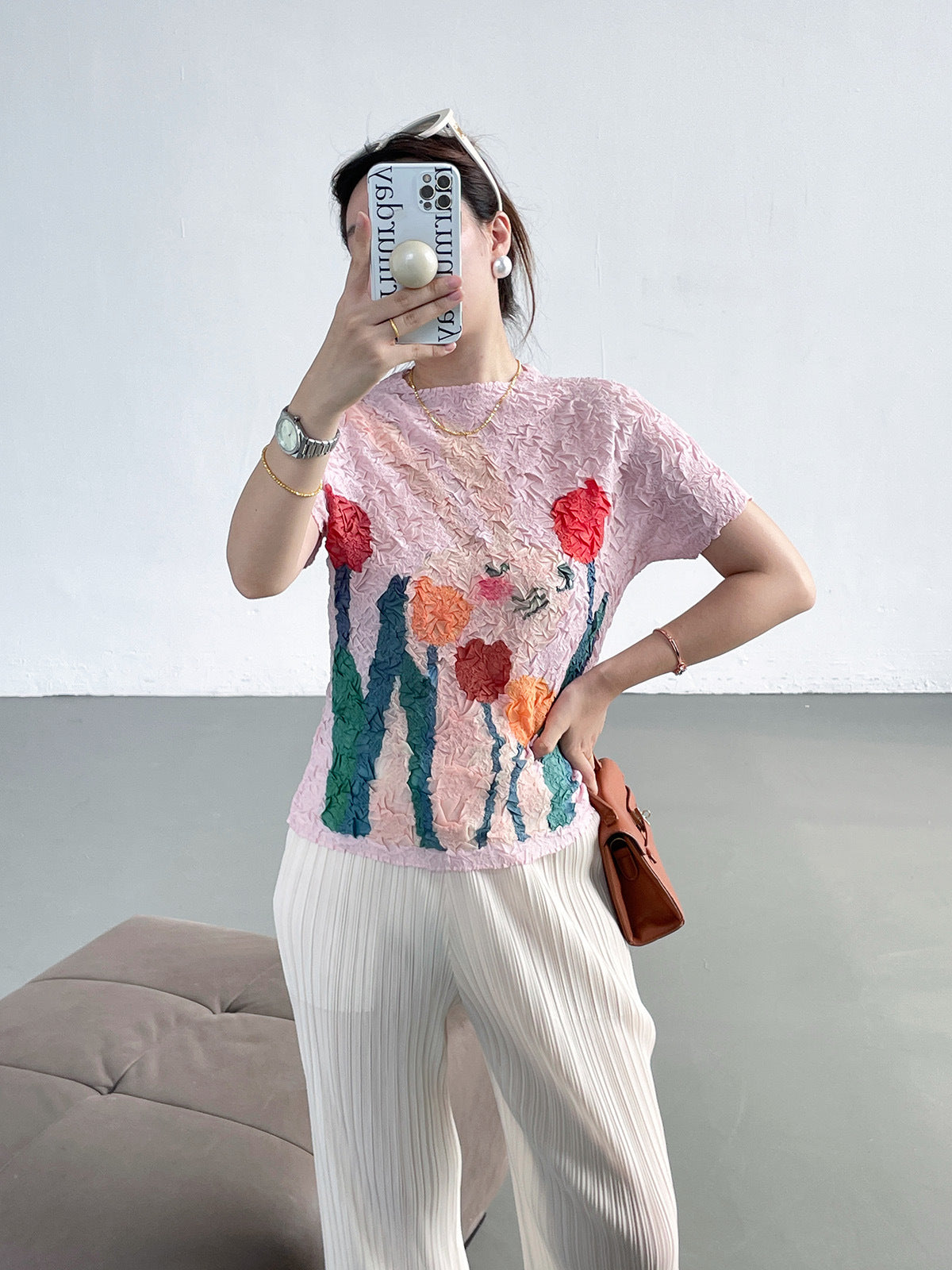 summer three-dimensional oil painting feeling flower high elastic scratch pleated anti-wrinkle short-sleeved crew neck T-shirt slim-fitting versatile top women