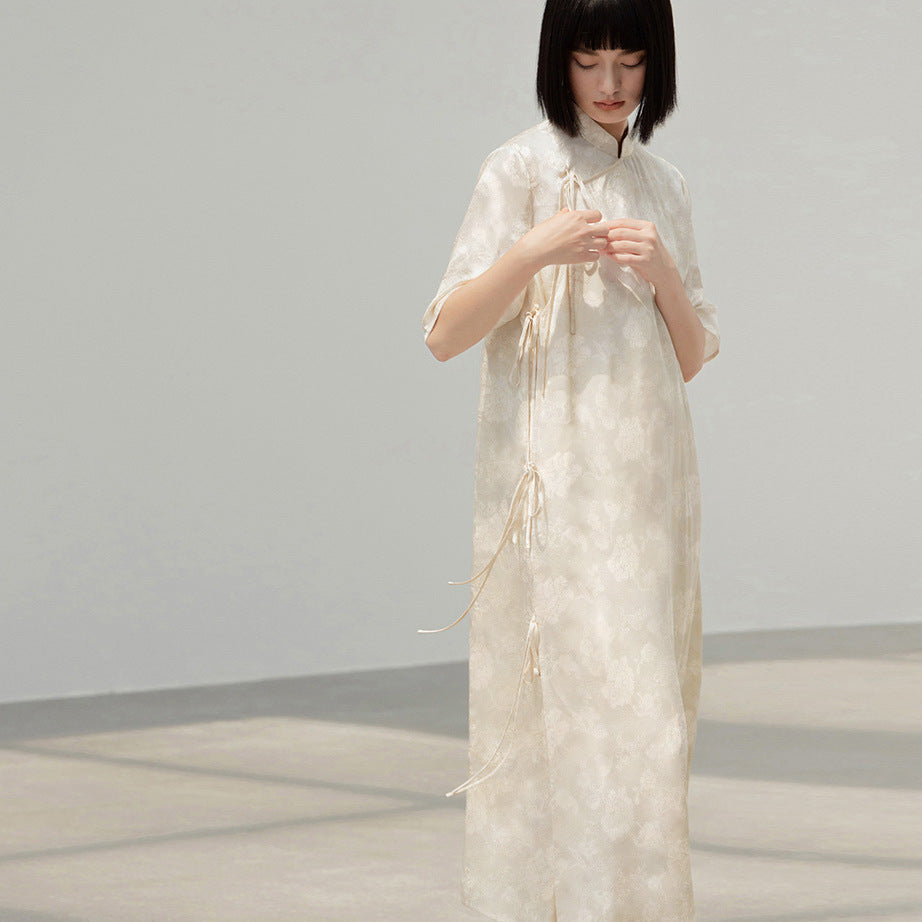 New Chinese dress women's spring and summer lace-up straight modified strap-up skirt long dress B0108