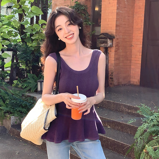 2025 spring and summer new thin temperament versatile solid color fishtail knitted suspender small vest women 25158