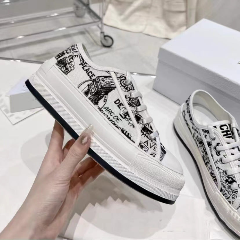 flowersverseFashionable Brand Embroidered Canvas Shoes for Women Spring New D Home Thick Bottom Retro Presbyopic Letters Casual Sports Skate Shoes
