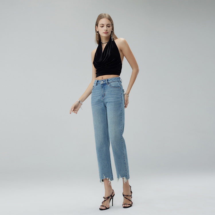 2025 Spring new long-staple cotton elastic jeans high waist, thin and high nine-point pants anti-wrinkle and non-fading women's denim