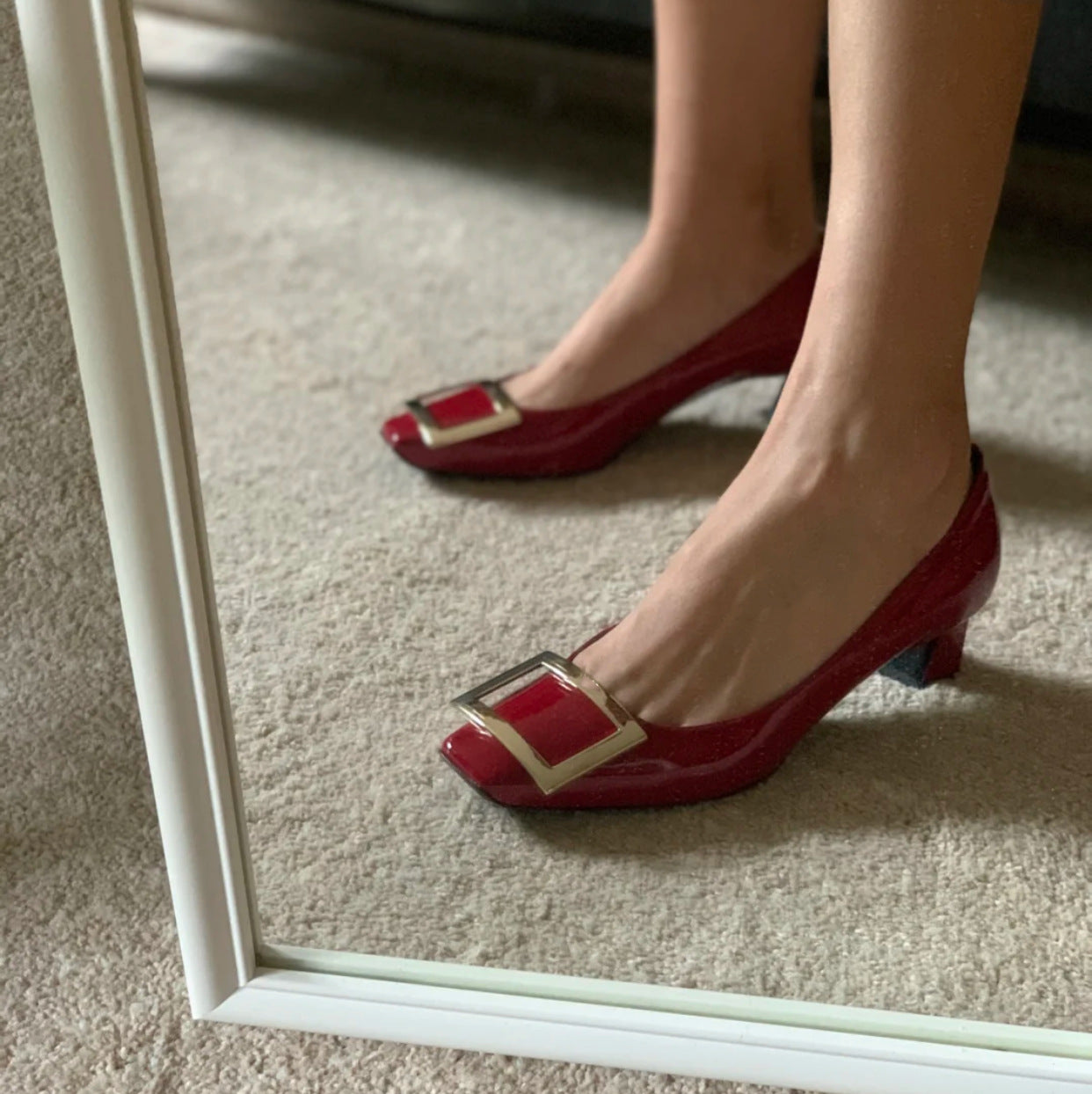 flowersverse Factory! RV Women's Shoes Square Buckle Thick Pumps Patent Leather High Heels Commuter Small Leather Shoes Red Wedding Shoes One Piece Dropshipping