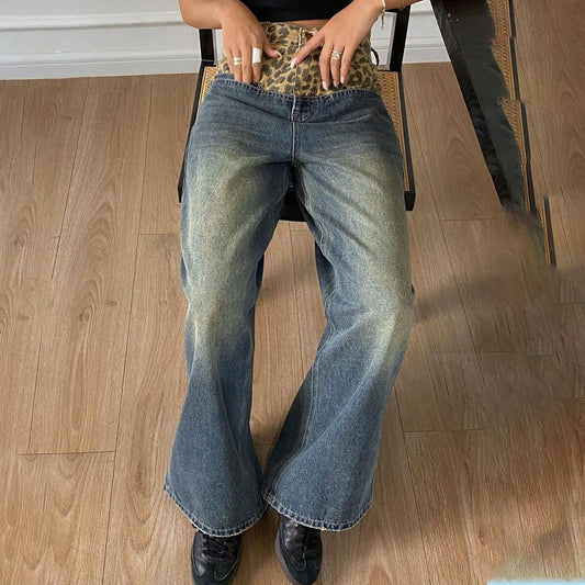 Tide splicing retro leopard print wide-leg pants jeans women's versatile niche 2025n old loose breathable straight-leg pants