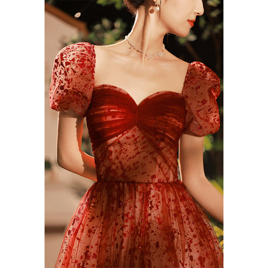 Princess on the Run Toast Bride Female Spring Cross-border Temperament Burgundy Hepburn Style Engagement Dress