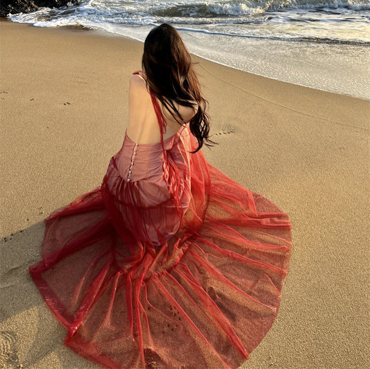 2025 Sanya seaside vacation dress women's design sense niche red backless mesh splicing suspender neck long skirt