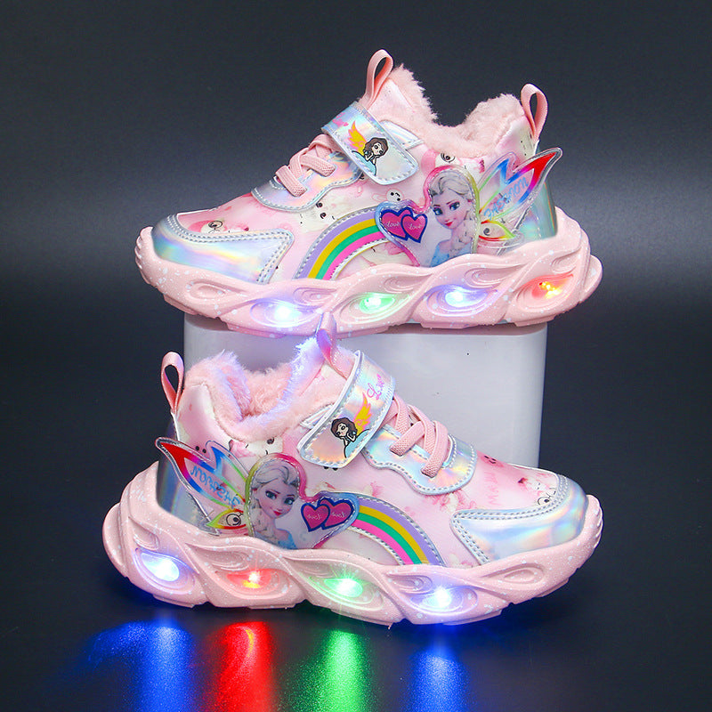 flowersverse With Light Girls' Shoes Autumn New Mesh Surface Breathable Shoes Leather Girls Sneaker Little Girl Princess Shoes