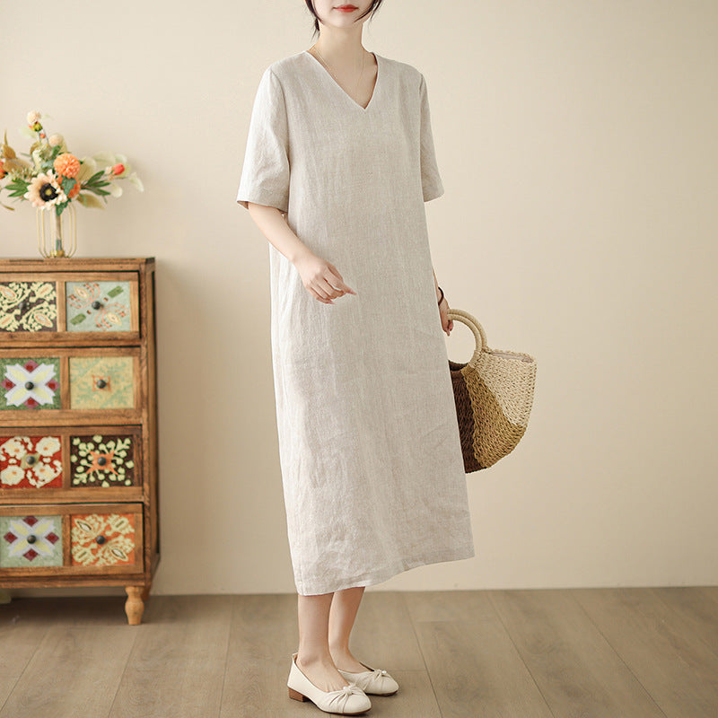 spring and summer new cotton and linen temperament V-neck loose and thin versatile commuter dress large size robe casual women