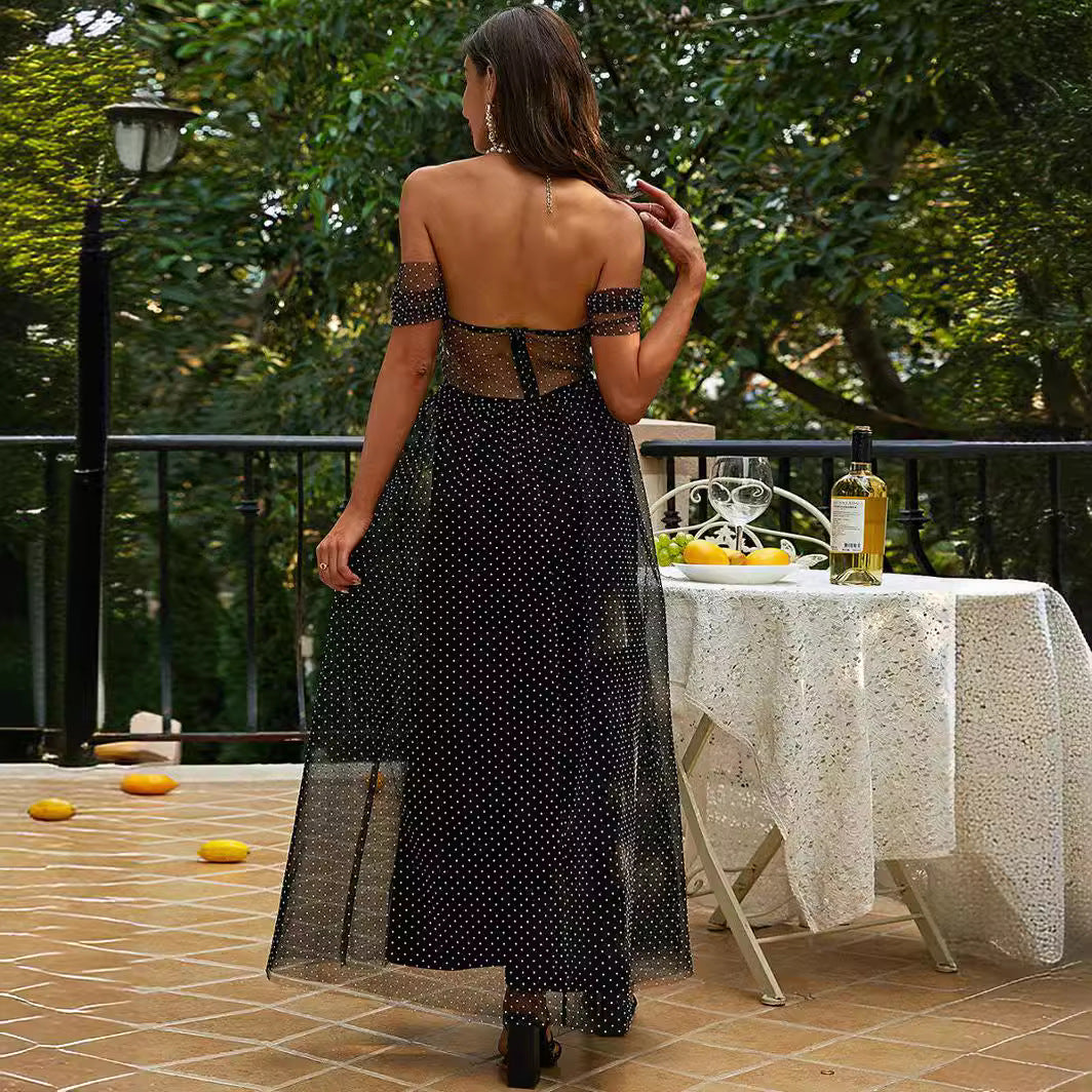FLOWERSVERSE New summer 2025 trade women's clothing slim-fitting fashion black tube top mesh polka dot 2025 princess dress temperament dress