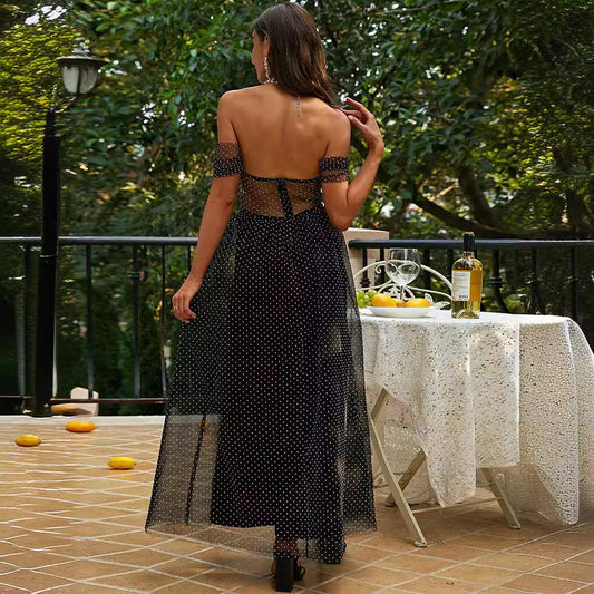 FLOWERSVERSE New summer 2025 trade women's clothing slim-fitting fashion black tube top mesh polka dot 2025 princess dress temperament dress