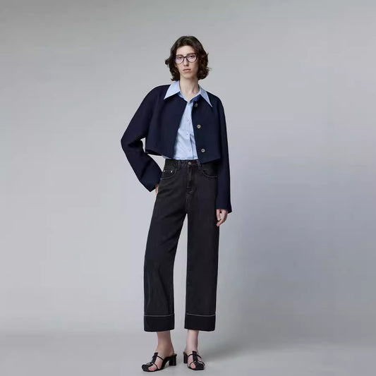 2025 popular Nanyou Women's High Waist Micro-elastic Jeans Flip Foot Straight Nine-Point Pants Exquisite Large Straight Through Jeans Women