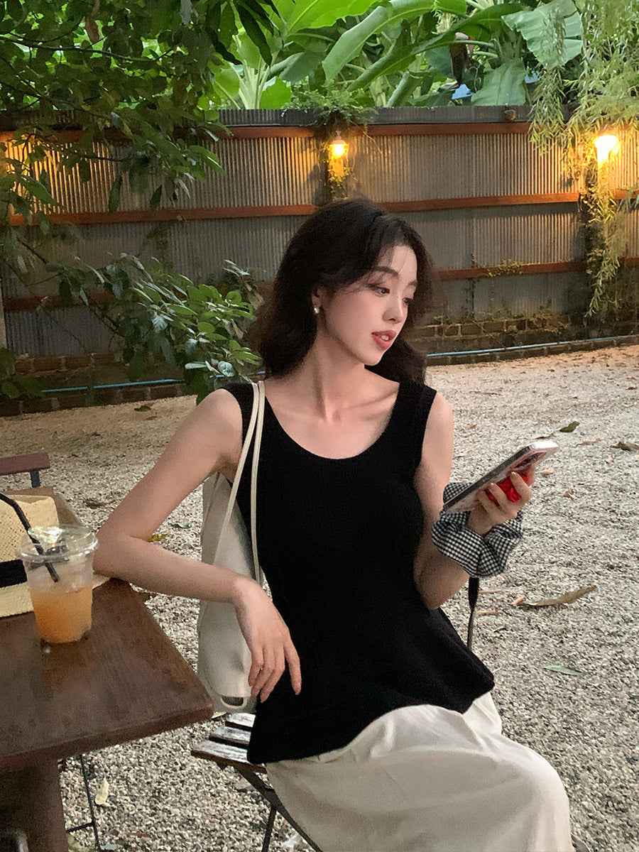 2025 spring and summer new thin temperament versatile solid color fishtail knitted suspender small vest women 25158