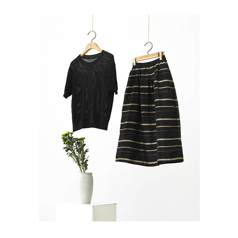 2025 spring and summer women's long skirt, blended elastic waist black rice striped literary and versatile medium and long skirt A0538