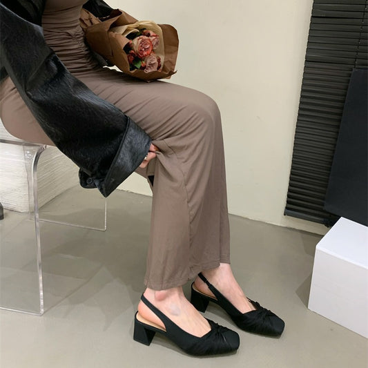 flowersverse High Heels Chunky Heel Pleated Square Toe Cap Sandals Women's Shoes New Elegant Classic Style Wind-Back Empty Pumps