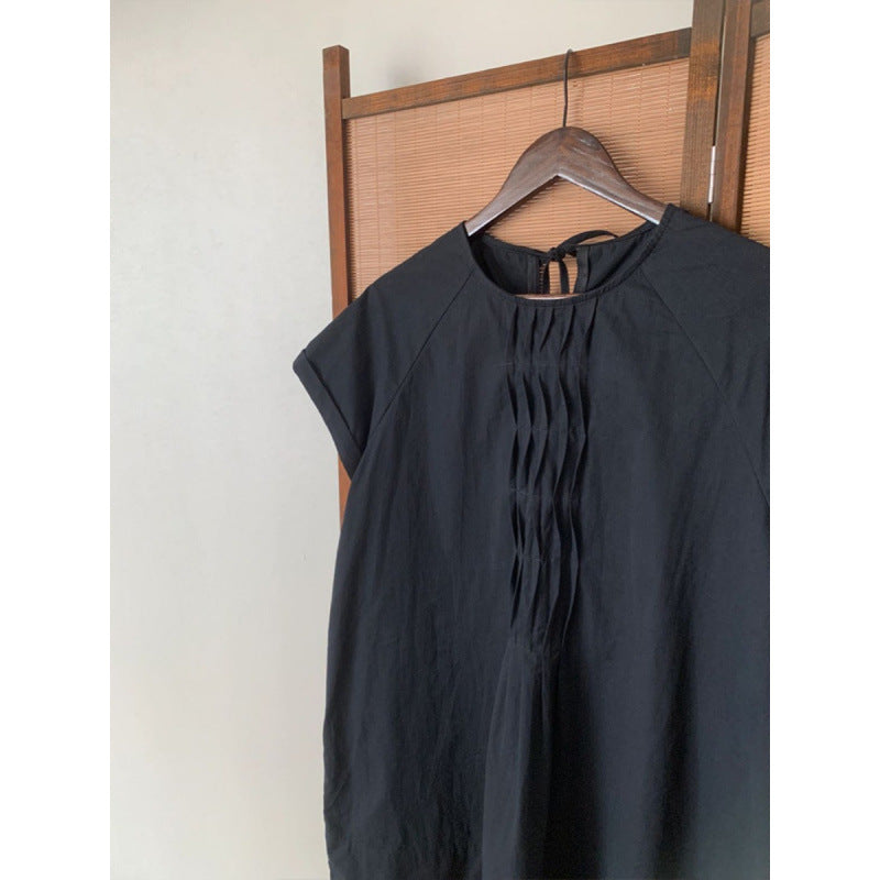 Japanese retro loose pleated crew neck lace-up shirt women's summer high-end casual versatile small flying sleeve shirt thin