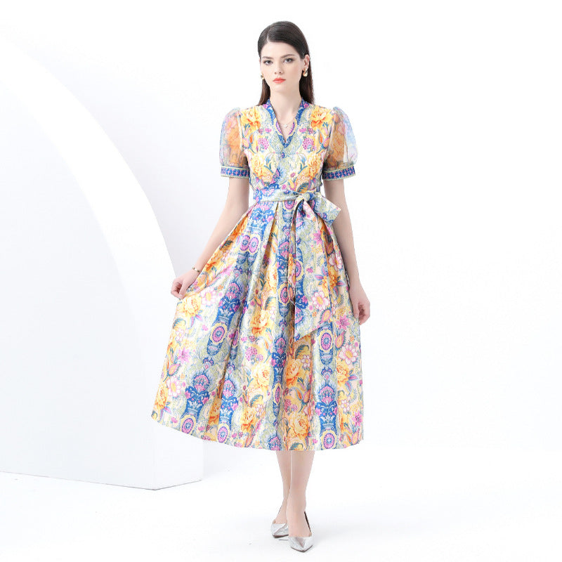 retro court style printing dress women's cross V-neck strap mesh bubble sleeve waist long dress