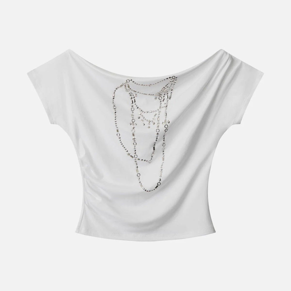 spring new slanted shoulder pure desire style Spice Girl gray T-shirt women's loose heavy industry metal decorative top New