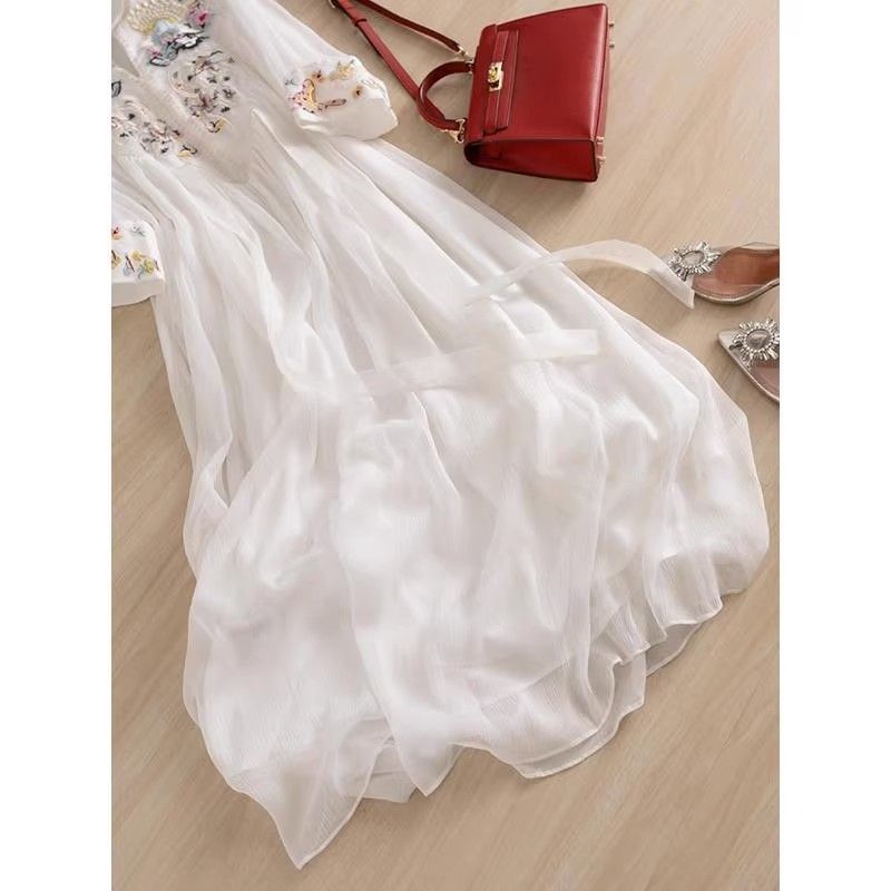 National style summer new Chinese dress heavy industry embroidery stand-up collar long dress seven-quarter sleeve loose and thin big swing dress
